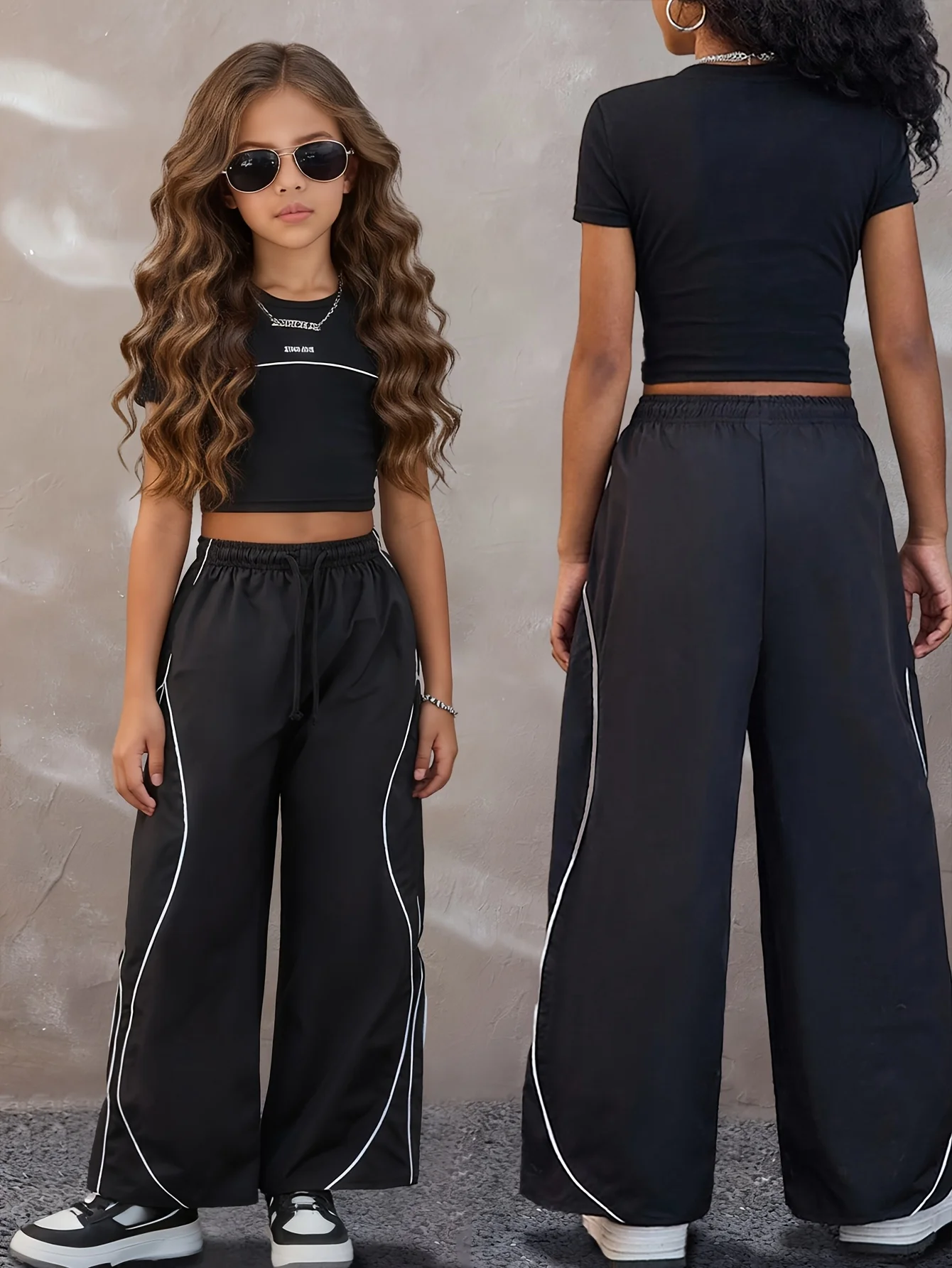 Summer Street Style Casual Outfit for Teenage Girls: Black T-Shirt + Color-Blocked Wide-Leg Pants Two-Piece Set, Stylish and Fashionable, Suitable for Children Aged 5-13, Versatile for Home, Leisure, and Outings