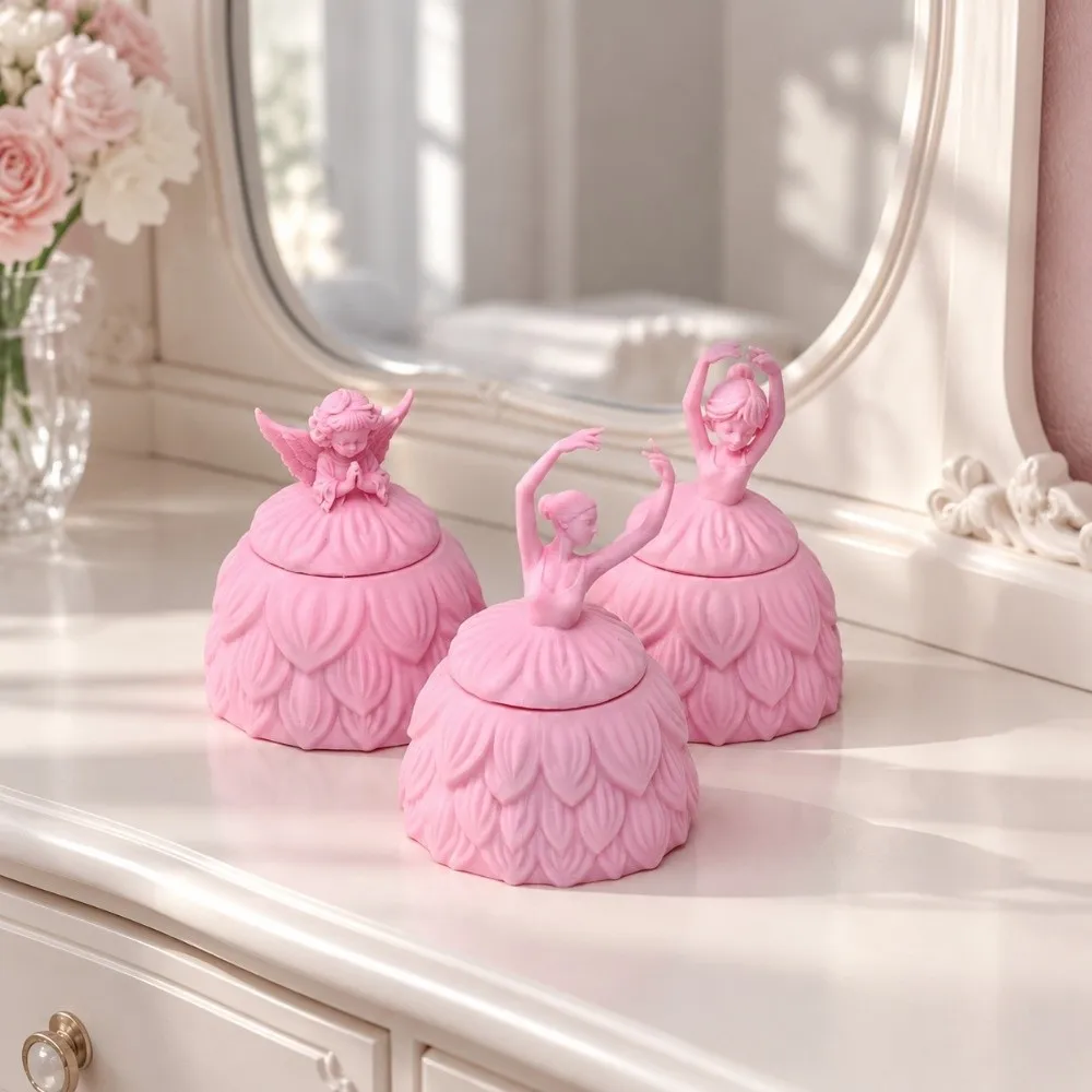Exquisite 3D Printed Ballet Dancer Jewelry Box Plastic Romantic Angel Trinket Box Pink With Lid Jewelry Storage Jar Table Decor