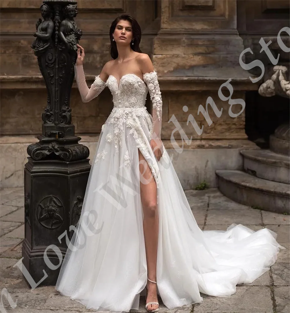 Robe de mariée en tulle avec col en cœur, manches longues amovibles, perles, appliques de fleurs, ligne A, robe de patients, plage, nouveau, 2024