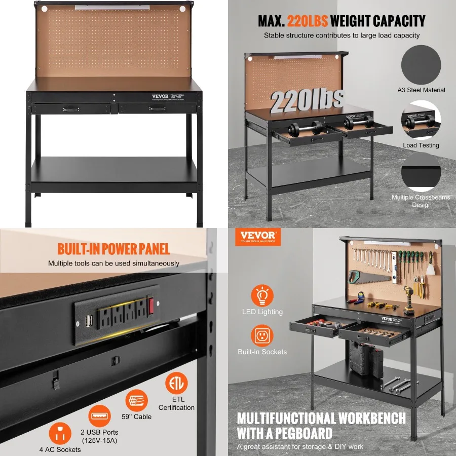 

VEVOR Workbench A3 Steel Work Bench For Garage max. 1500W Heavy Duty Workbench 220lbs Weight Capacity 0.47" Bench top Thickn W