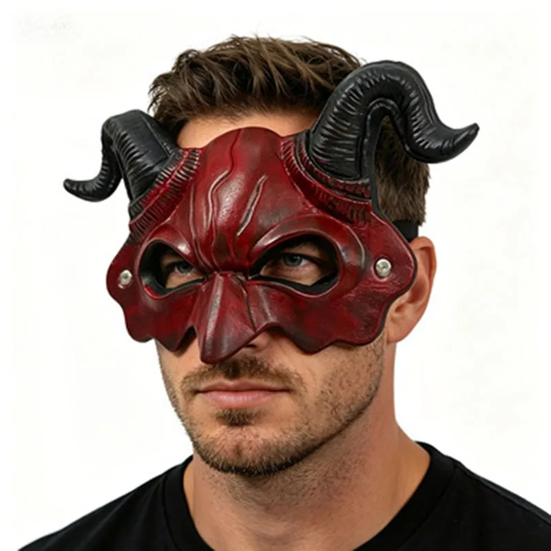 

Red Demon Mask Realistic Demon Half Face PU Mask For Halloween Carnival Cosplay Party Costume Satan Goat Masquerade Prop New