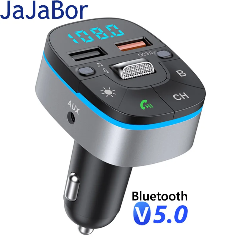 

JaJaBor FM Transmitter Voice Assistant AUX Audio Receiver Dual USB QC3.0 Fast Charging Handsfree Bluetooth Car Kit FM Modulator