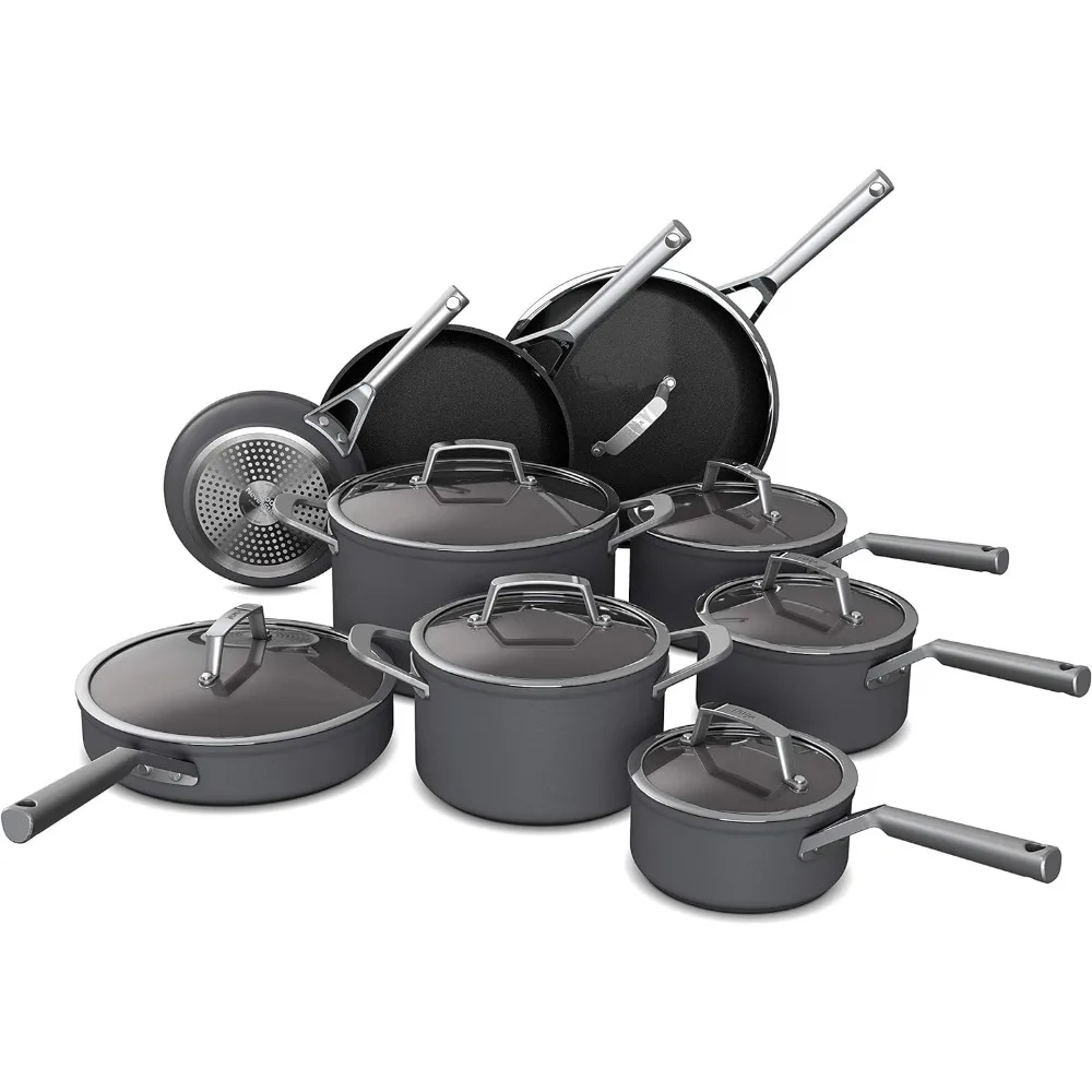 NeverStick Premium 16-Piece Cookware Set, Hard-Anodized, Nonstick, Durable & Oven Safe to 500°F, Black