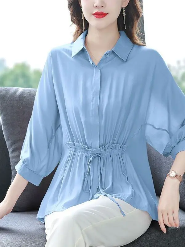 

Spring Summer Thin Seven Sleeve Loose Fitting plus Size Shirt Cover up Top Korean Style Casual Wear Polyester Fiber UV Protec...