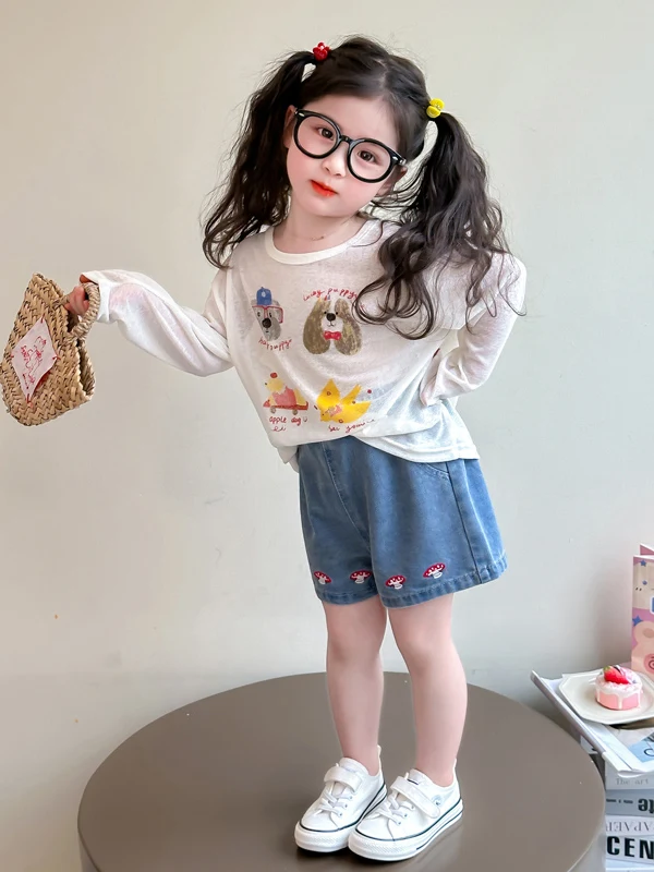 

Летняя футболка с длинными рукавами для девочек, одежда для защиты от солнца, тонкая модная одежда с принтом щенка, легкая детская одежда