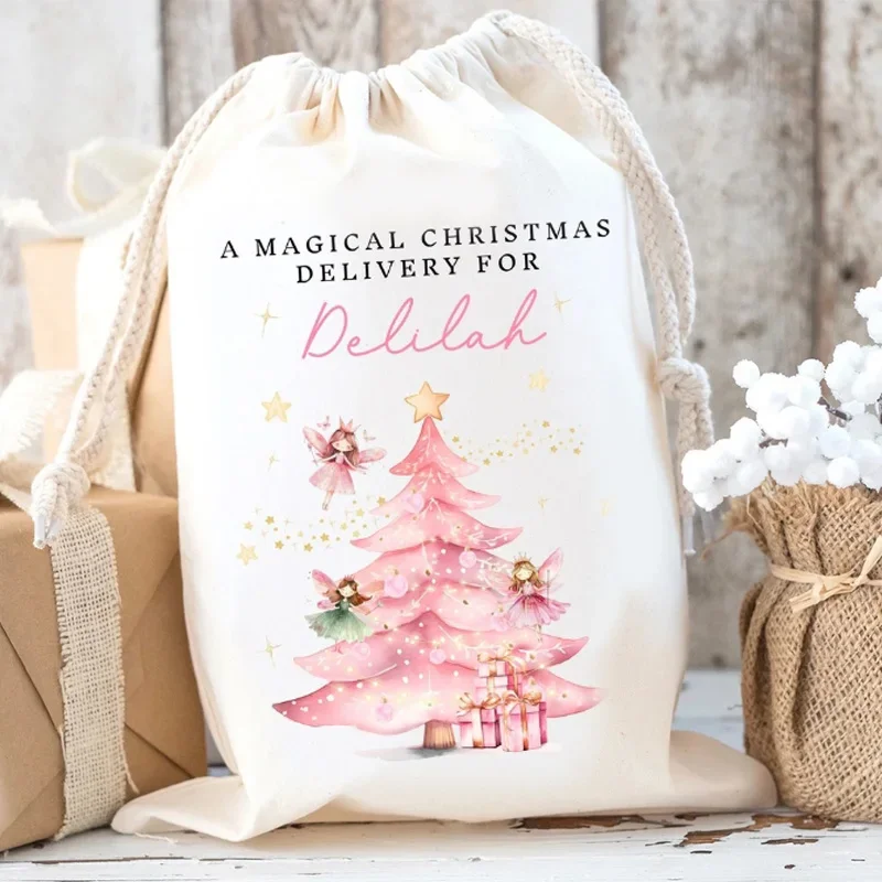 CUSTOM CUSTOM Santa กระสอบต้นคริสต์มาสสีชมพู Magical Fairy ถุงน่อง Merry Xmas Eve ตกแต่งวันหยุดเด็กสาวของขวัญกระเป๋า
