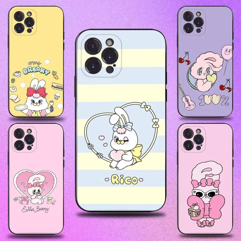 

Cute E-Esther Bunny Phone Case For iPhone 16,15,14,13,12,11 Plus,Pro Max,XS,X,XR,SE,Mini,8,7,Soft Silicone Black Cover