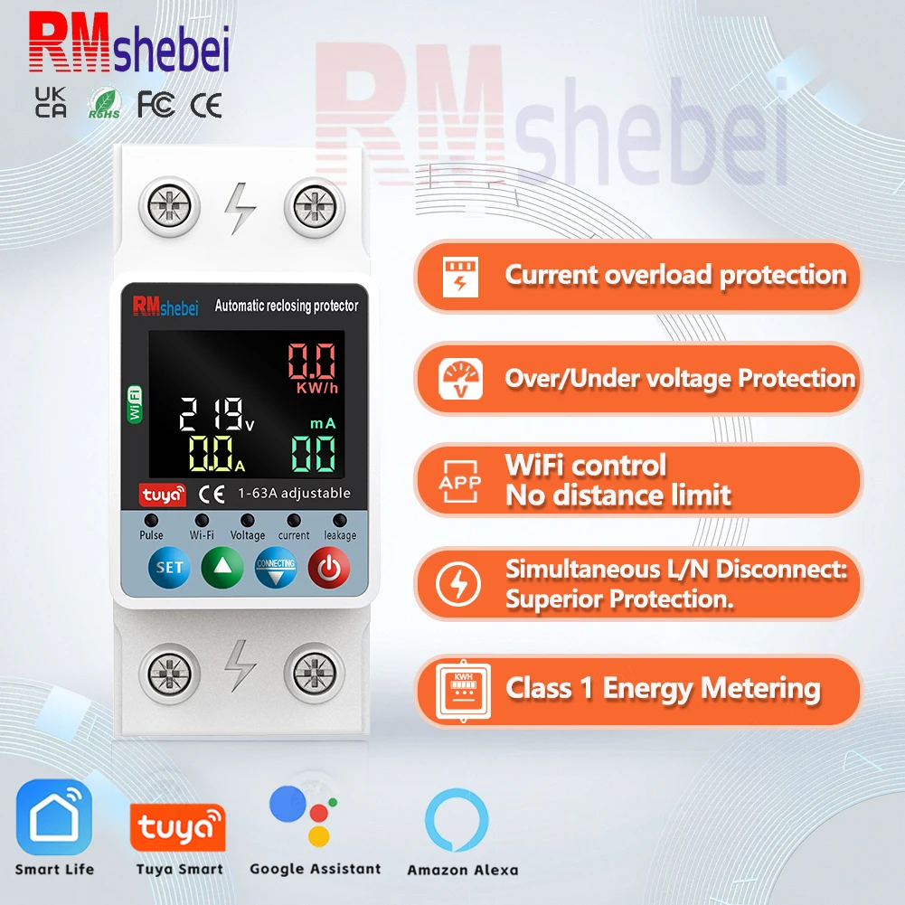 RMshebei Tuya Smart Home Switch 63A 2P MCB Circuit Breaker Overload WiFi 220V Voltage Protector Remote Control Din Metering