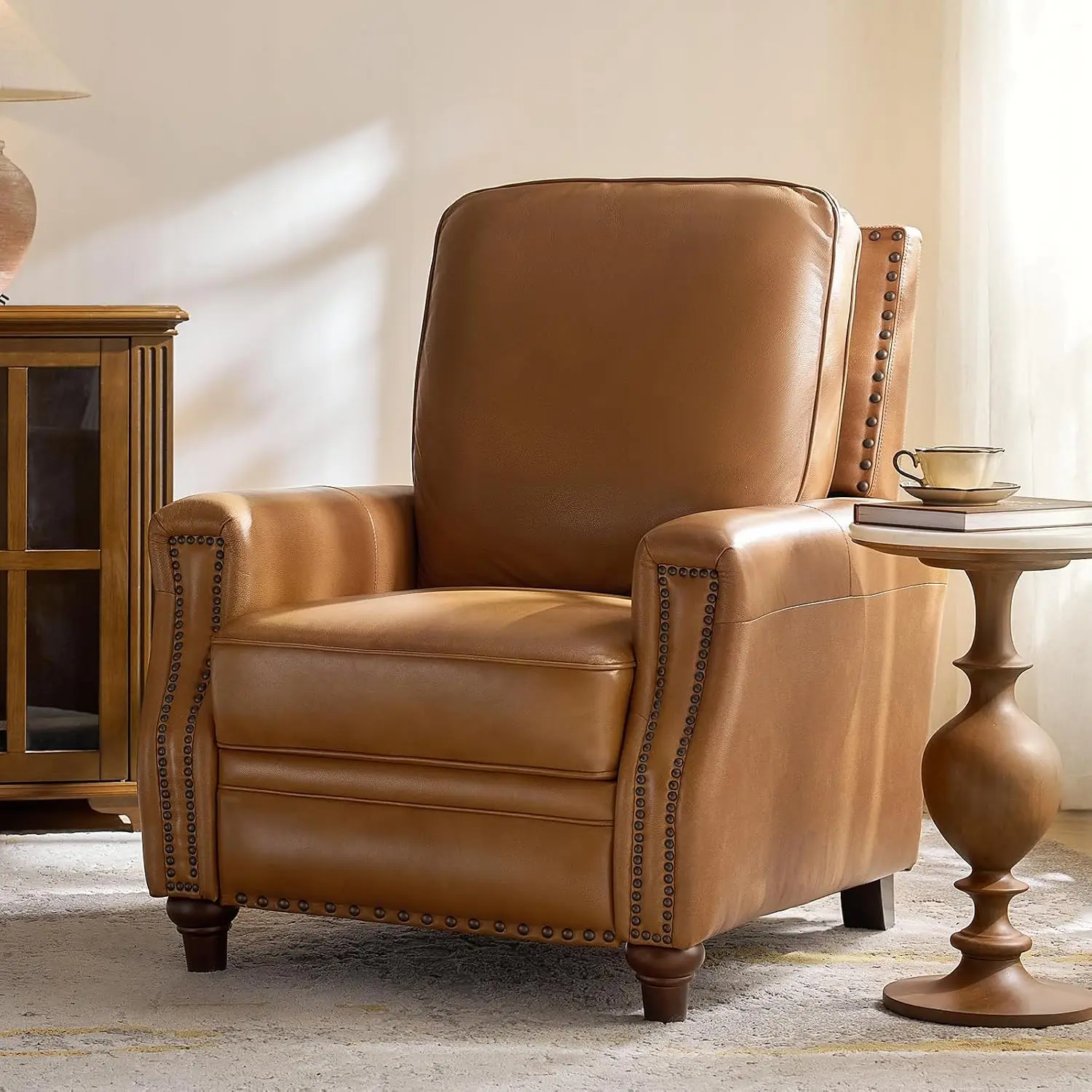 Genuine Leather Recliner Chair, Mid Century Modern Recliner with Solid Wood Legs, Manual Adjustable Footrest Backrest, Cozy Sing