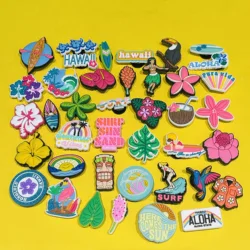 40Pcs Hawaii Summer Vibes Surf Sun Sand Flower Leaves Coconut Hula Bird PVC Shoe Charms For Clogs Pins Hole Slipper Accessories