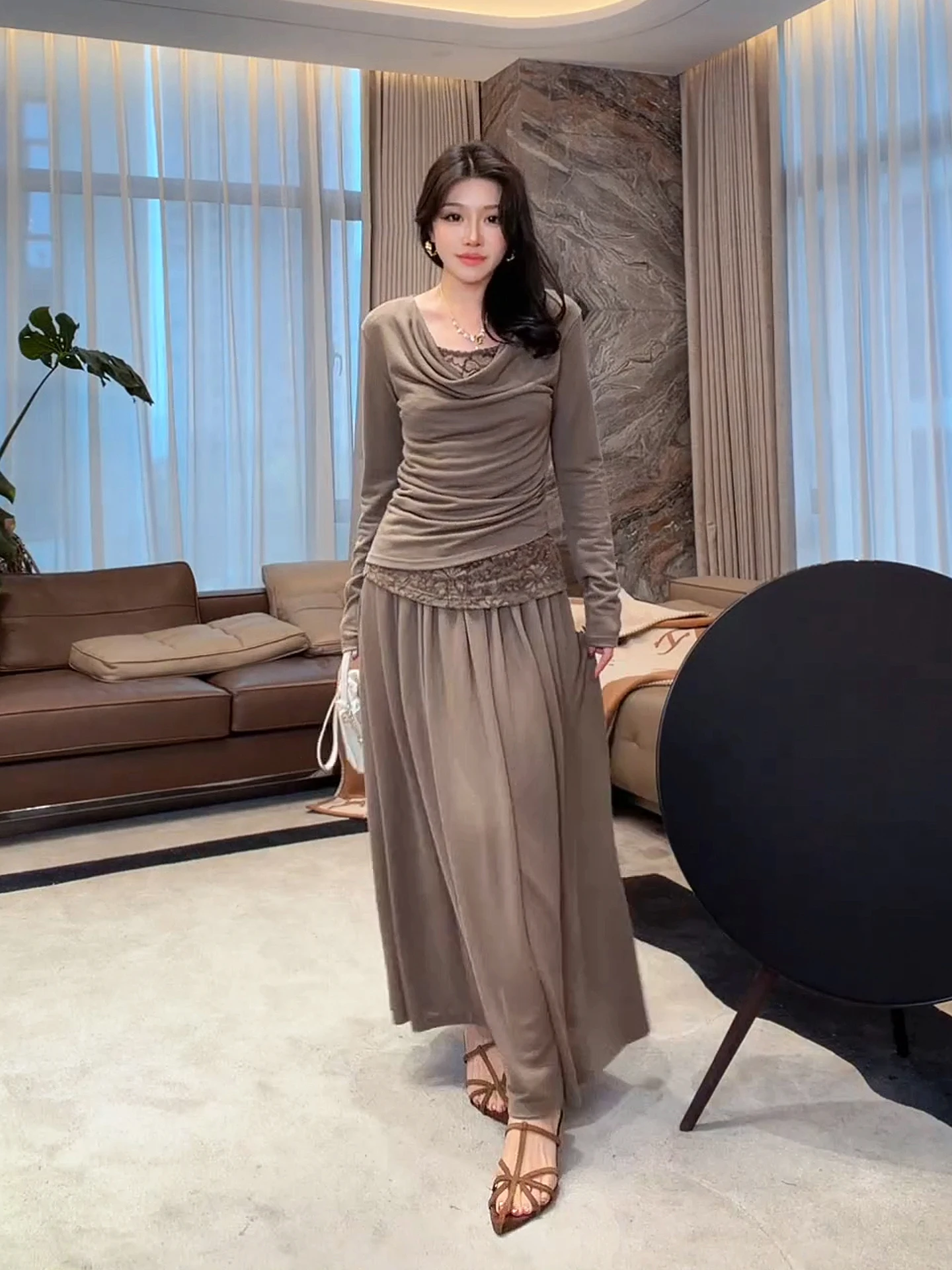 

Модный кружевной повседневный женский комплект MEHOMEYANG: дышащий, с длинным рукавом, свободного кроя, элегантный стиль, весна