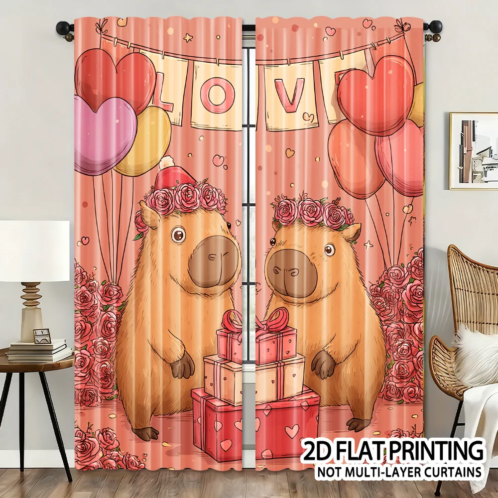 Cute Capybara Curtain, Cartoon Animal Love Heart Balloon Pattern Drape, Romantic Gift Window Treatment for Bedroom Living Room