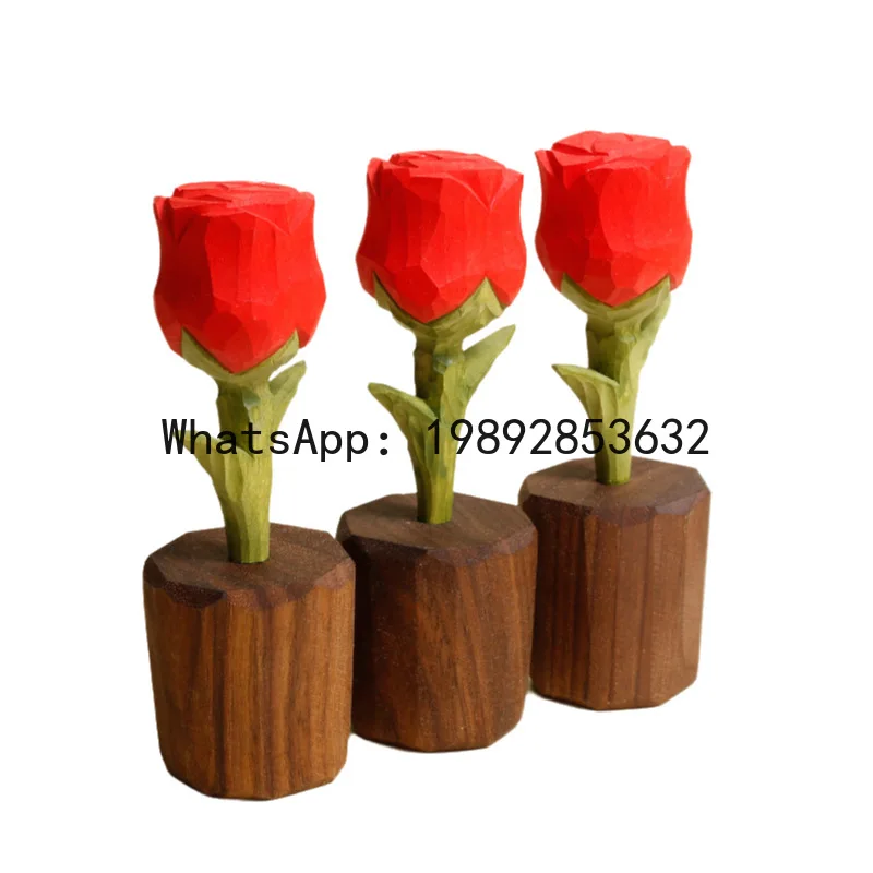 PYJ Handmade Wood Carving Painted Rose Small Items Home Living Room Decoration Ornaments