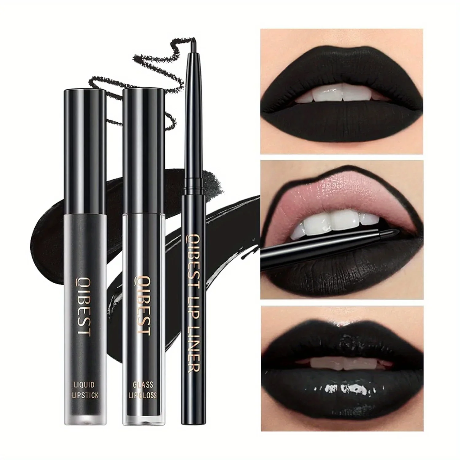 3 in 1 Lipstick and Lipliner Set, Long Lasting Waterproof Lip Stain Liquid Lipgloss Set for Women Halloween Gothic Makeup