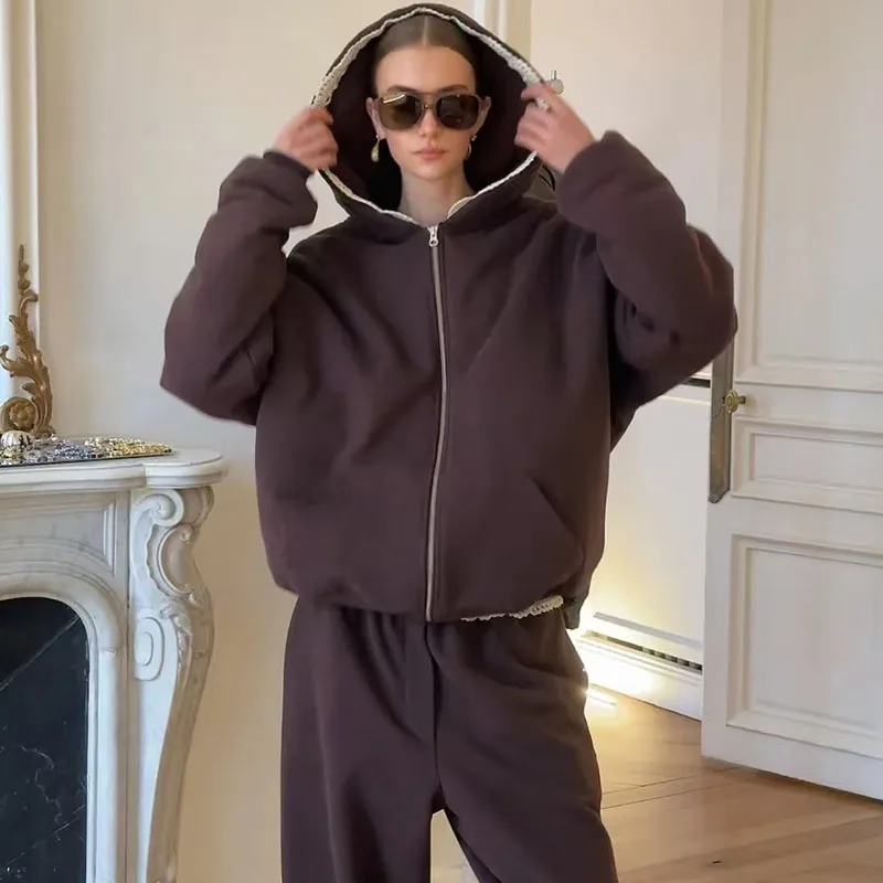 

The 2025 autumn/winter new retro casual color-blocked lace-trimmed loose hooded sweatshirt jacket