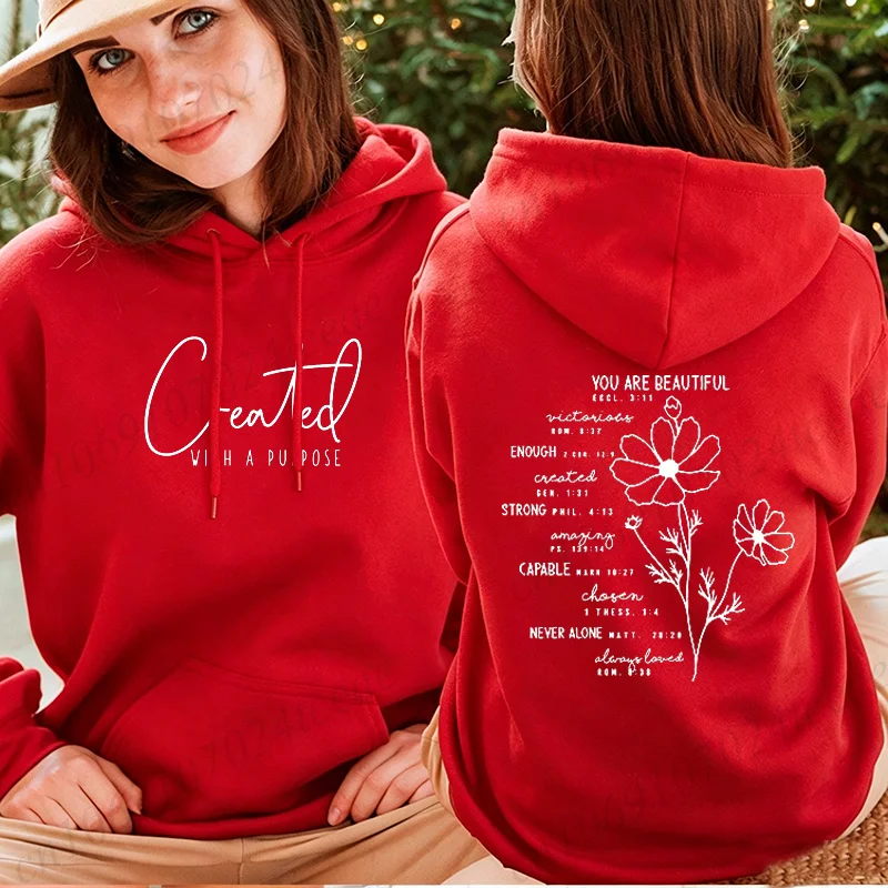 Created with A Purpose Printed Women Hooded Hoodies Graphic Casual Sweatshirts Faith Inspirational Quote Fleece Sportwear Tops