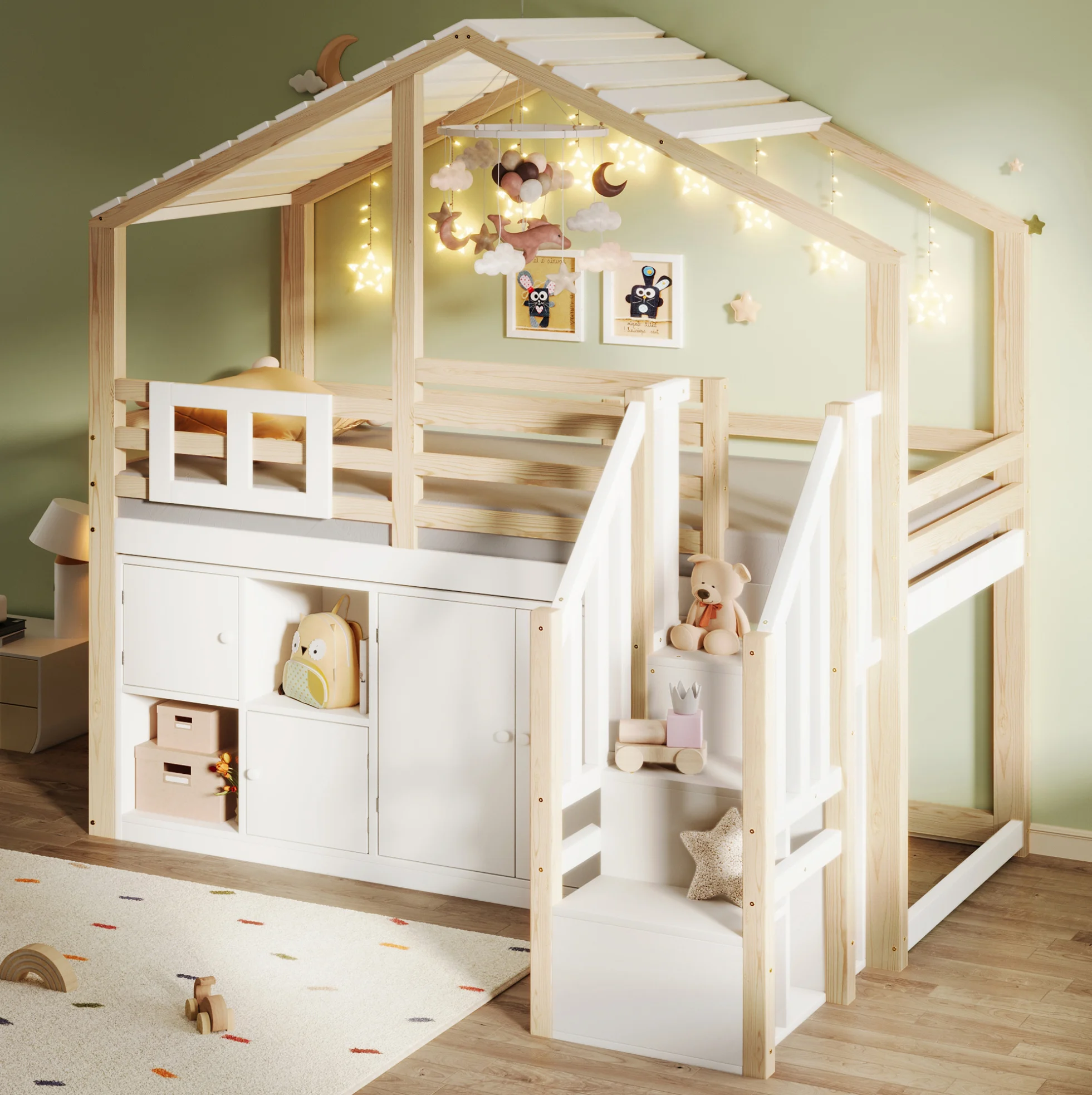MODENUIT Hoogslaper 90x200 cm – Huisvorm met raam – Opbergtrap en vakken – Met bedhekje – Grenen en MDF – Wit/Naturel – Zonder matras