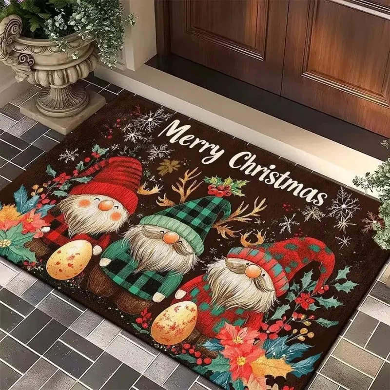Merry Christmas Santa Sleigh Front Door Mat, Reindeer Snowflake Gift Printed Entryway Doormat, Holiday Indoor Entrance Decor Rug