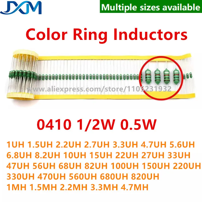 50pcs/lot Color Code Ring Inductors 0410 1/2W 0.5W 1 2.2 3.3 4.7 5.6 6.8 10UH 22 33 47 56 68 100UH 330 470UH 1MH DIP Inductance