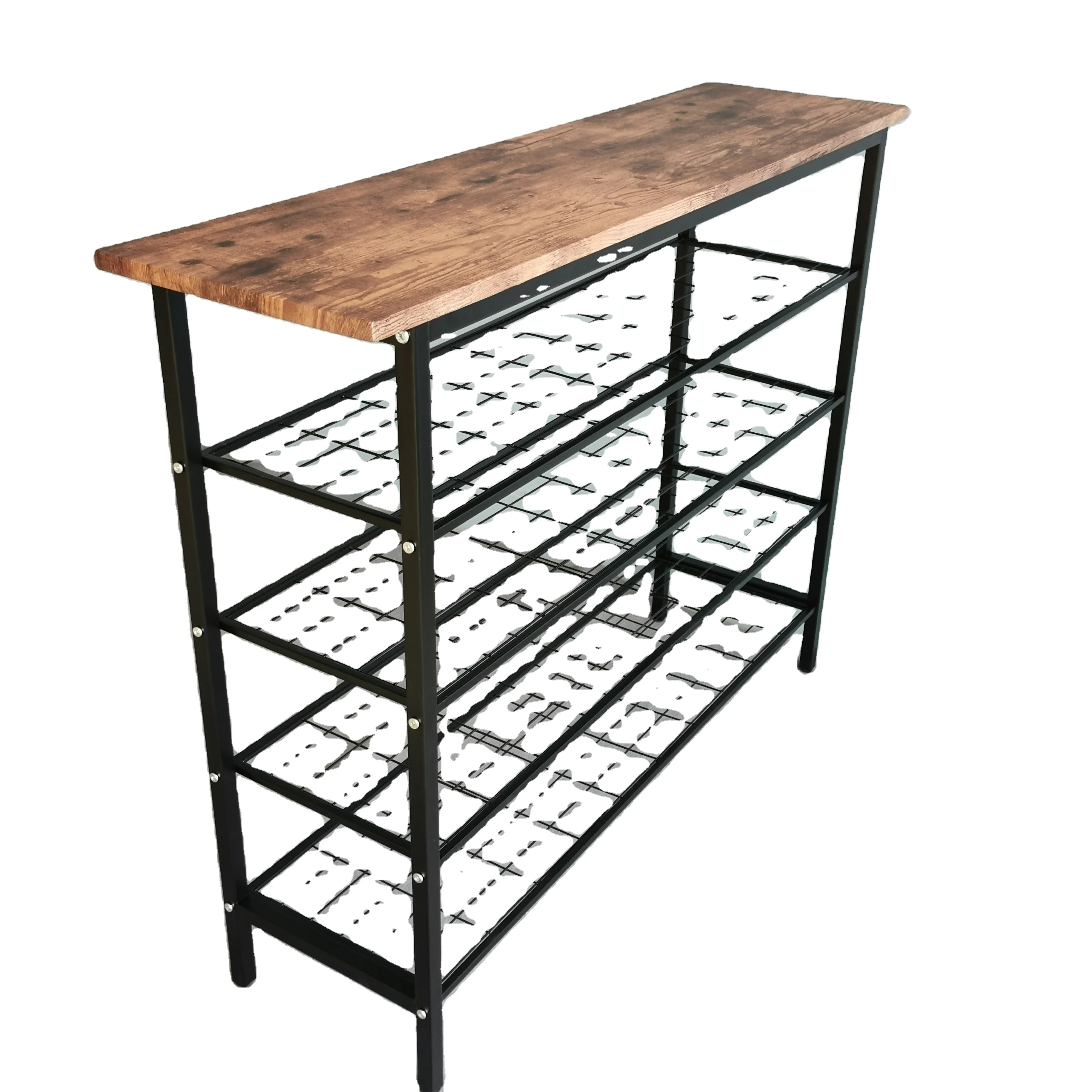 #￥Industrial Metal Shoe Bench Rack 4 Tier Wooden Top Vintage Shoe Rack Storage Organizer, Shoe Cabinet Furniture