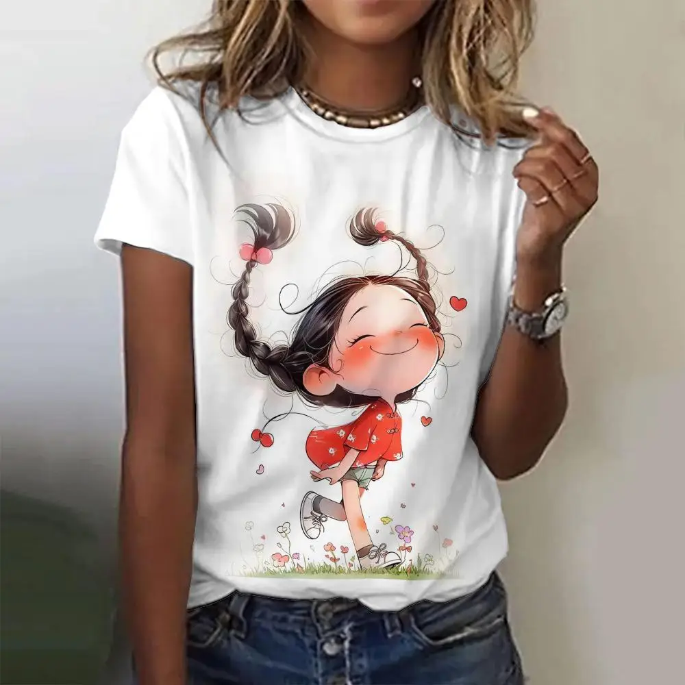 Women's T-Shirt Top Short Pullover Sleeved Fashion Little Girl Print Street Round-Neck Tee Shirt Female Everyday Clothing Summer