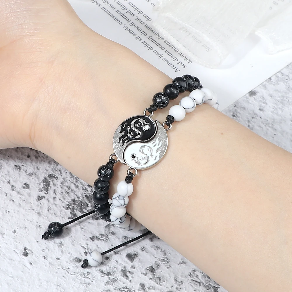 2Pcs/Set Fashion Dragon Tai Chi Gossip Couple Bracelet 6mm Natural Tiger Eye Black Lava Beads Yin Yang Bangle Friendship Jewelry