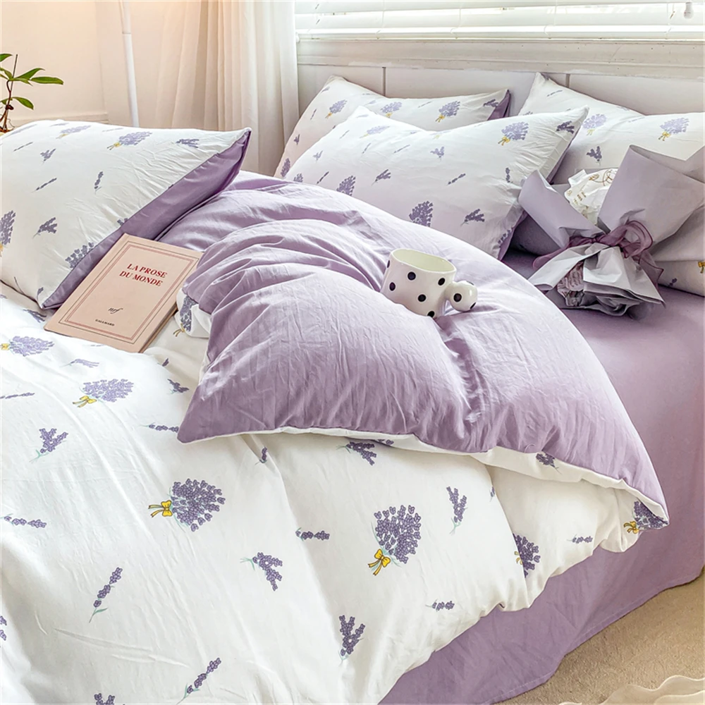 Home Textiles Soft Four-piece Bedding Set Pillowcase Purple Washed Cotton Flower Duvet Cover for Children Women Men Bed Sheet