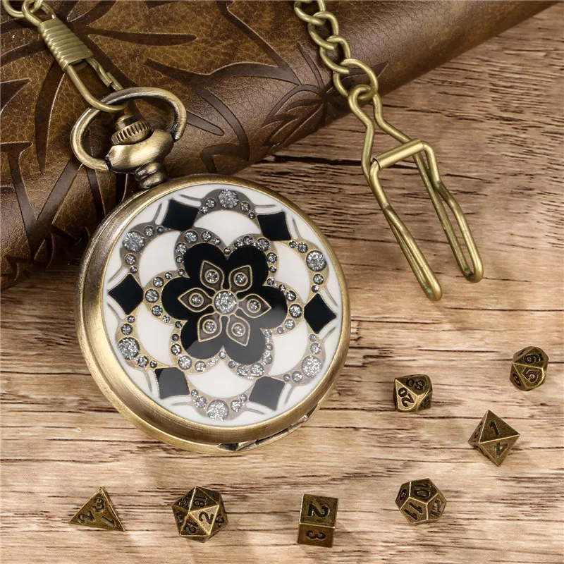 7Pcs Metal Polyhedral Dice Set with Antique Crystal Pocket Watch Case FOB Chain for RPG Role Play Tabletop Gaming