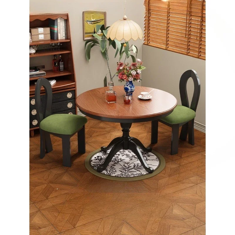 Retro solid wood round dining table and chairs Nordic retro combination round household antique ash wood grain dining table