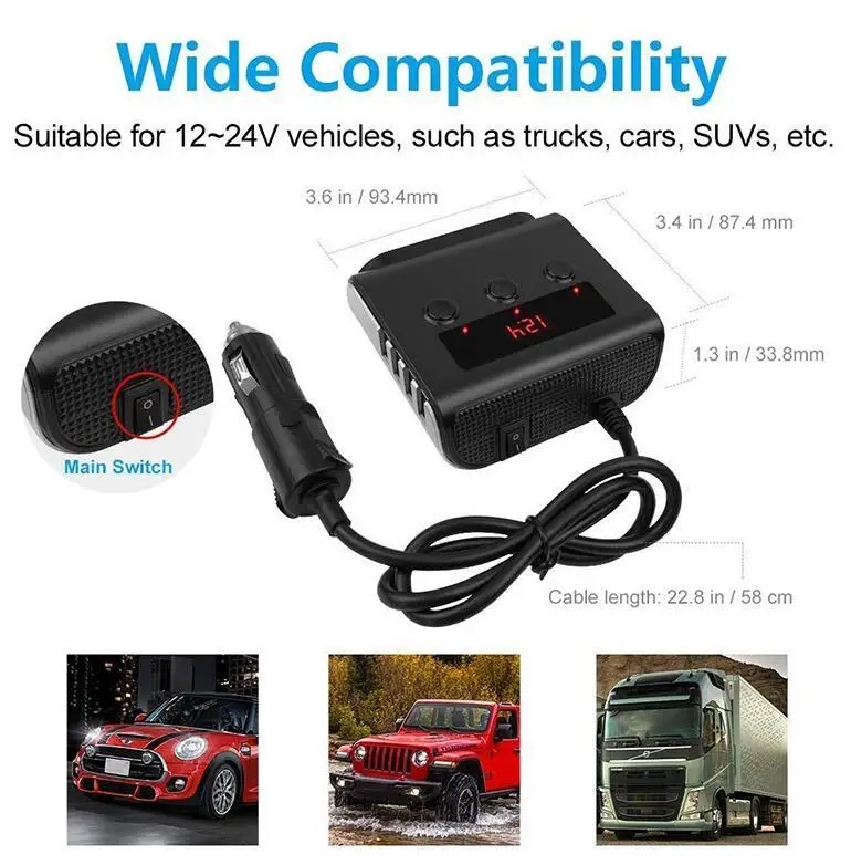 Cargador USB automático para coche, adaptador de 3 vías para encendedor de cigarrillos, 12V-24V, enchufe divisor LED, 4 USB, adaptador de cargador para teléfono, MP3, DVR