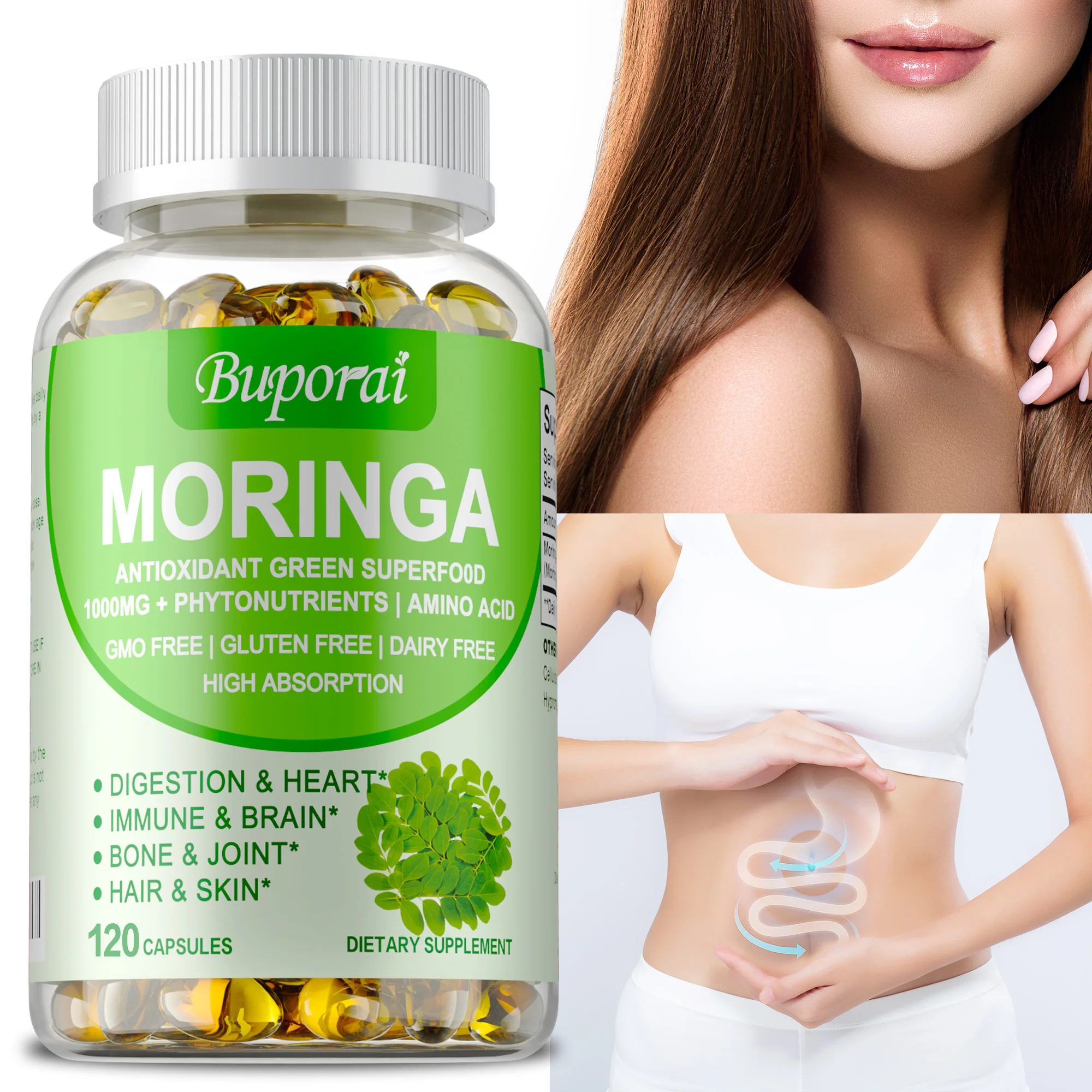 Moringa Capsules - Boosts Energy Levels, Promotes Metabolism, Digestive Health, Supports Heart, Brain, Skin and Overall Health