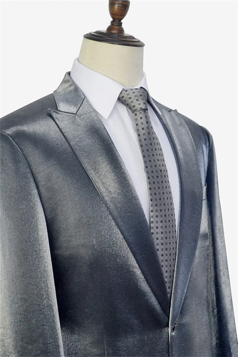 Conjunto de trajes de terciopelo de 2 piezas para hombre, Blazer de esmoquin de novio plateado Formal + pantalones negros, chaqueta de fiesta de oficina de negocios hecha a medida, abrigo de Graduación