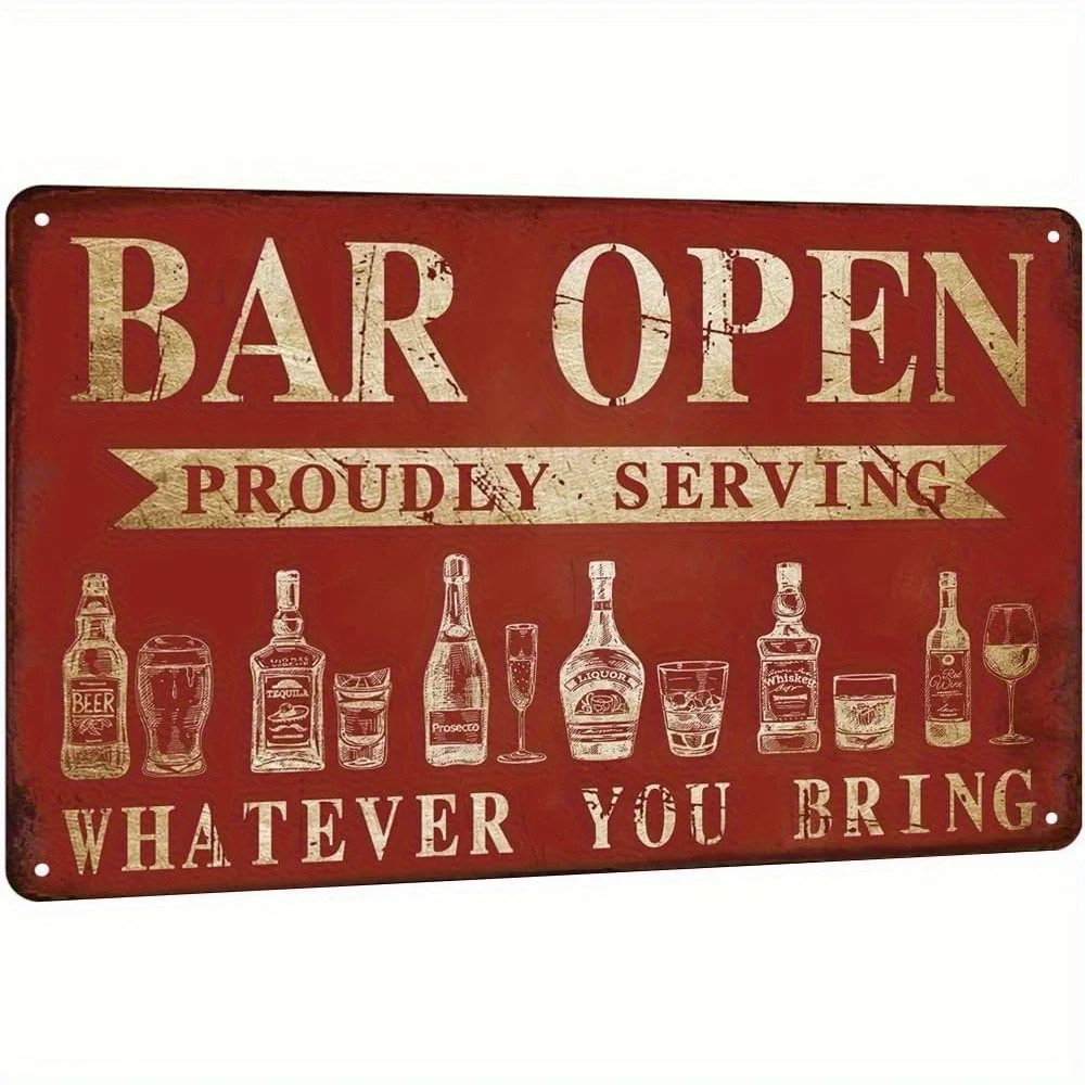 Vintage-Barschild aus Metall – robuste Eisen-Retro-Wanddekoration „BAR OPEN“ mit Whisky-Symbolen – rustikale rote und weiße Pub-Dekoration – N