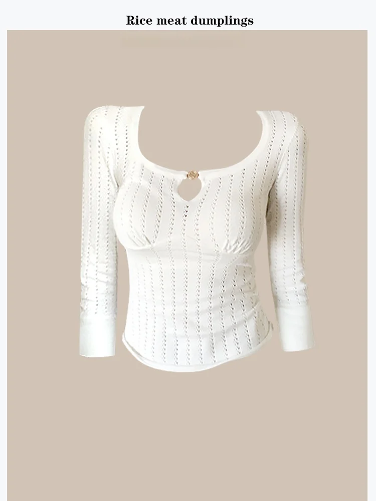 

Slim Fit Korean Style Hollow out Knitted T-Shirt Women's Base Layer Shirt U-Neckline Breathable Comfortable Nylon Fiber