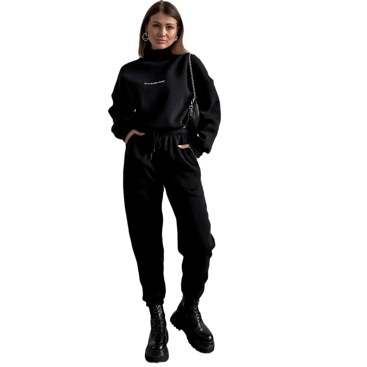 Women Letter Print Two Piece Set Casual Loose Suit High Waist Trousers Female Turtleneck Sweatshirt Autumn Sweatpants Suits