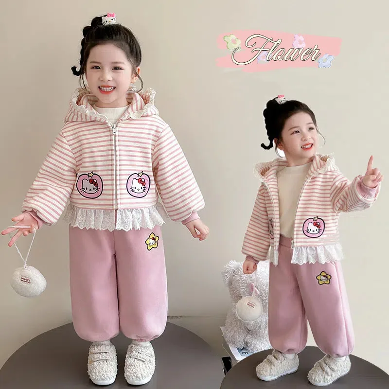 

Hello Kitty, зима-осень, пальто с героями мультфильмов для девочек, брюки, милый милый удобный костюм для отдыха на природе, теплая спортивная одежда на флисовой подкладке