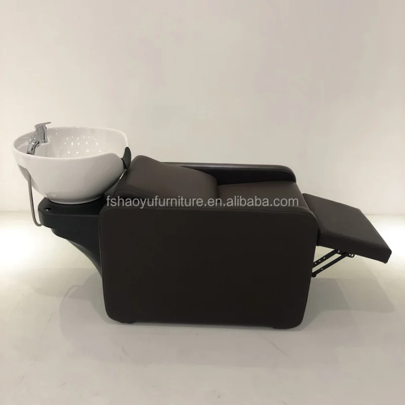 custom.Modern Style Hair Salon Brown Leather Shampoo Chair with White Washing Sink & Adjustable Footrest Styling Salon view 6