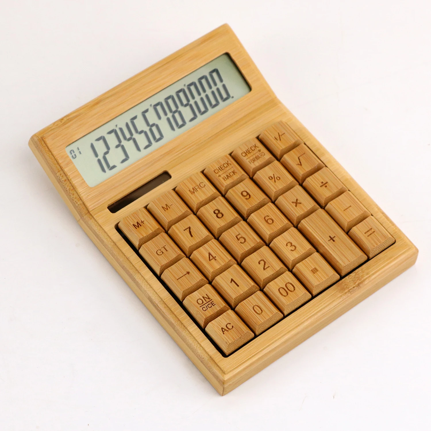 Multifunctional Bamboo Electronic Calculator Counter 12 Digits Solar & Battery Dual Powered for Home Office School Retail Store