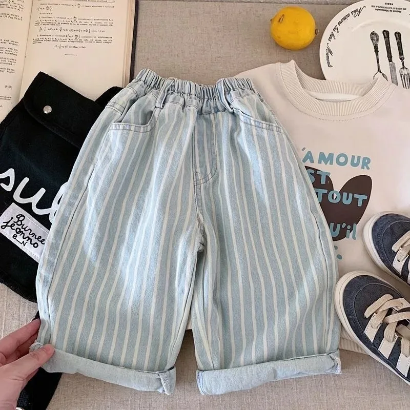 Spring Kids Boys Denim Pants Cotton Striped Infant Babys Boys Jeans Casual Elastic Waist Toddler Boys Long Pants