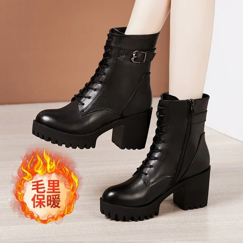 8cm Small Size 32-43 Quality Genuine Leather Boots Womens Platform Shoes with Fur 2024 Winter Block High Heels Ankle Snow Boots