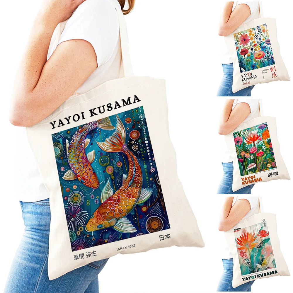 Casual Yayoi Kusama Dot Fish Flower  Women Shopping Bags Double Print Shoulder Tote Forest Shapes Shopper Bag Painting Handbag