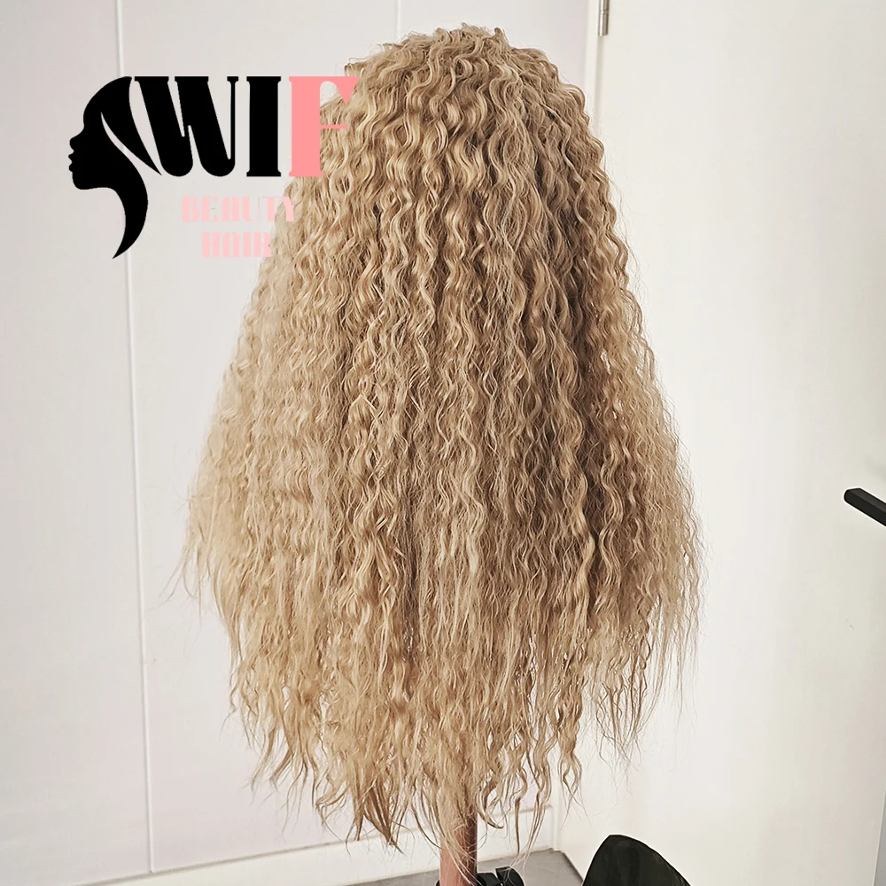 WIF-Perruque Synthétique Bouclée Blonde Frisée pour Femme, Cheveux Bouclés, Respectueux de la Chaleur, Kinky, Wavy, Lace Front, Maquillage, 03/Usage