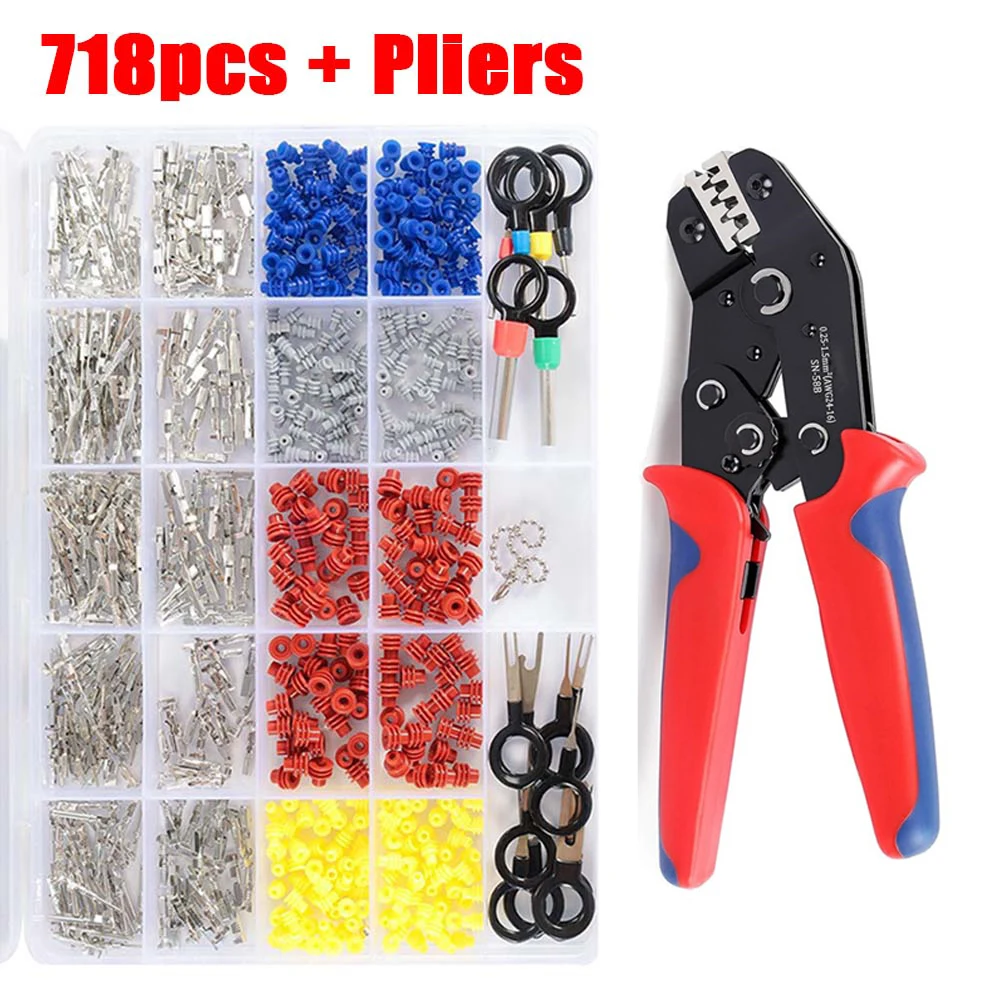 718PCS Automotive Pin Connector Kit 1/1,5/1,8/2,2/2,8/3,5mm Terminal Pins mit Draht Crimpen Zange Pin Removal Tool Set – Detail 1