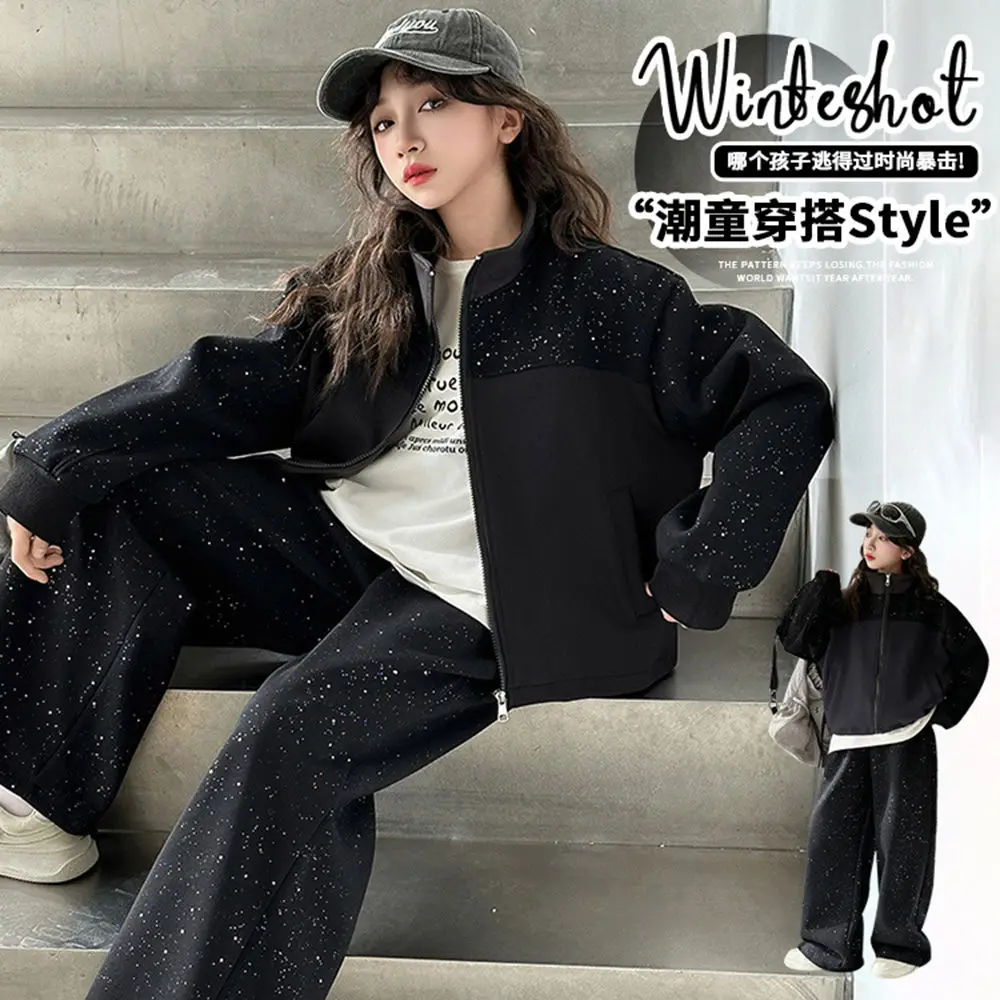 Teen Girls Shining Sport Clothes Set Korean Zipper Jacket And Wide-Leg Pants 2-Piece Junior Kid Sport Suit Child Sportswear 4-14