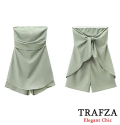 TRAFZA Office Casual Bustier Short Jumpsuit Women's High Waisted Back Tie Jumpsuit New 2024 Summer Fashion Short Jumpsuit