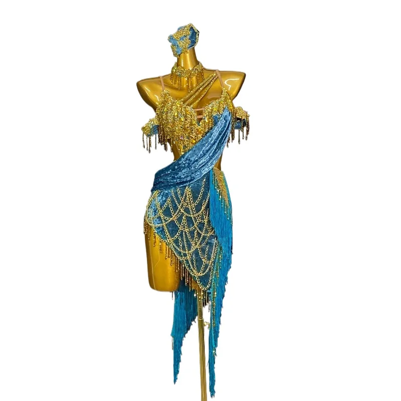 Vestito da performance di danza latina Donna Abito da competizione Tango ChaCha Samba di fascia alta personalizzato Senior AB Stones Nappa