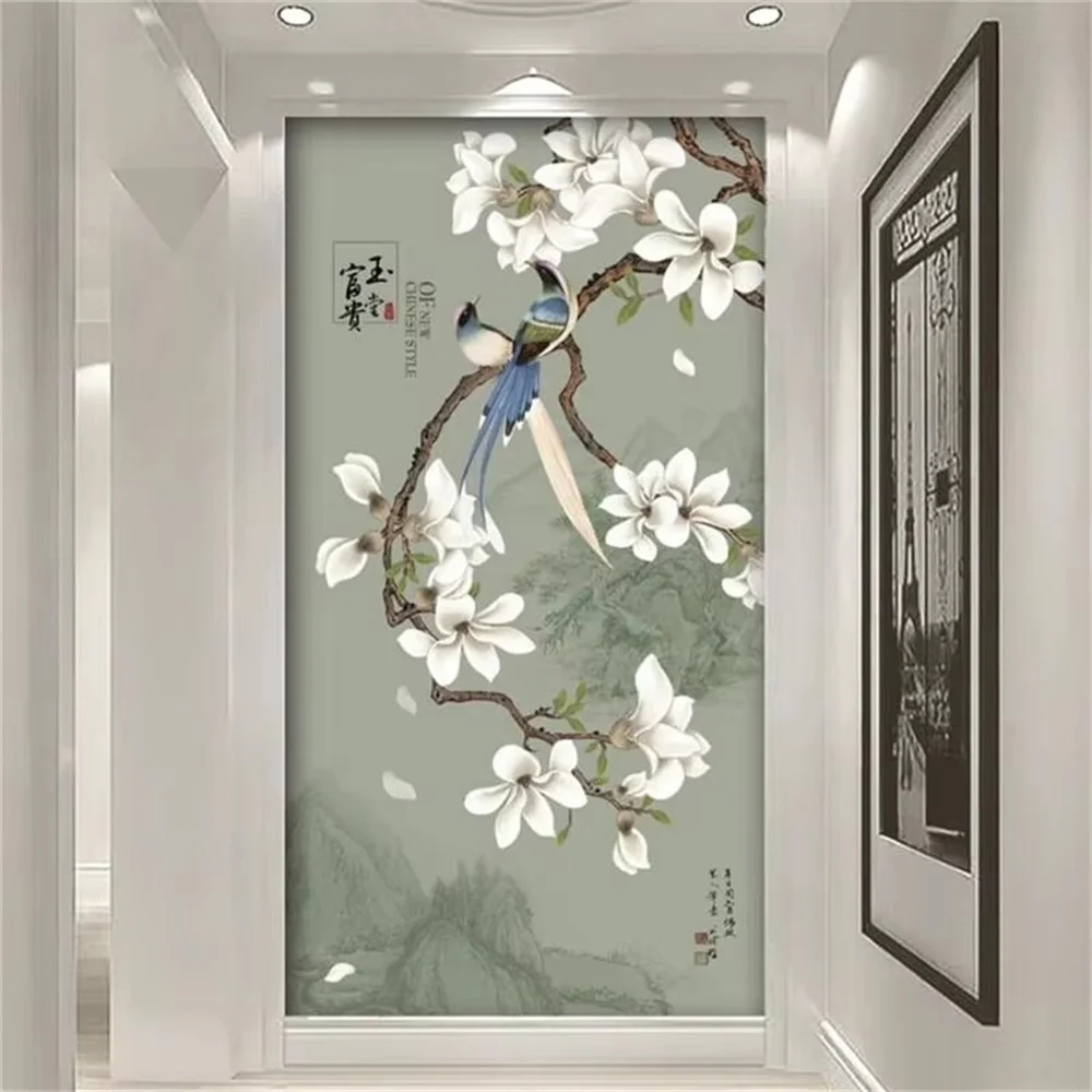 Custom 3D porch mural ink landscape magnolia bird corridor porch aisle background wall decorative painting wallpapers home decor