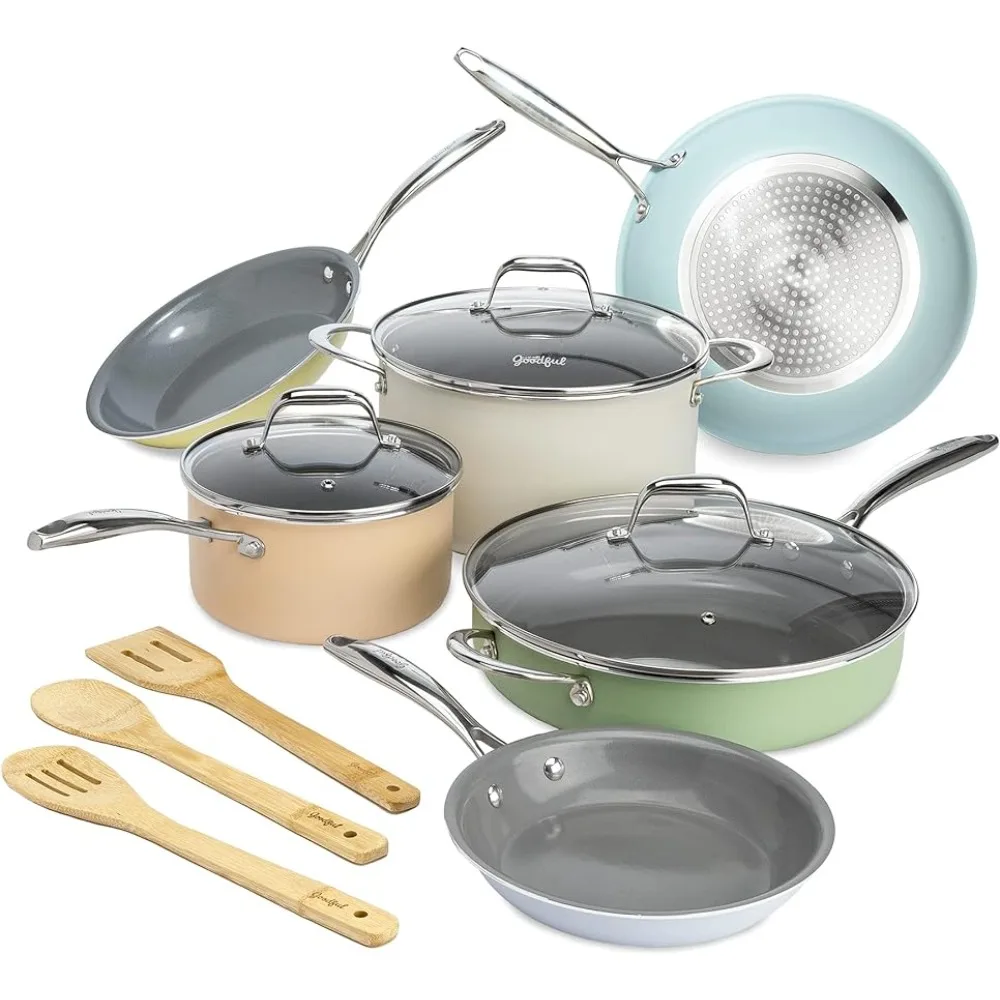 

12-Piece Cook Wear Tempered Glass Steam Vented Lids Kitchen Storages Titanium-Reinforced Premium Nonstick Coating Pot Set Clamp
