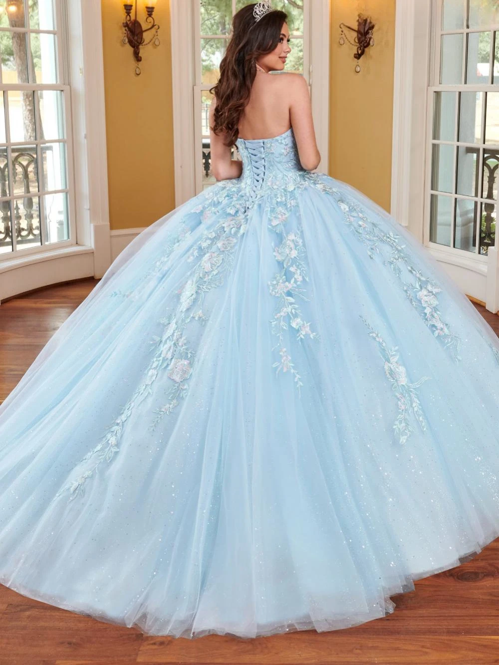 Charming Sky Blue Quinceanrra Prom Dresses Detachable Sleeves Princess Long Sparkly Sequins Appliques Sweet 16 Dress Vestidos