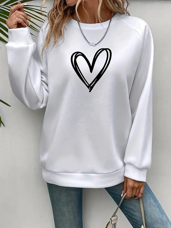 Krismile Heart Print Split-Joint Round-Neck Sweatshirt  Long Sleeves Loose Tops for Spring Autumn Winter Casual Urban Pullover